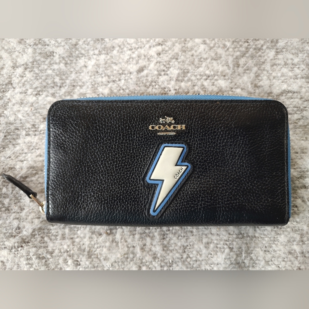 Coach Black Leather Zip Wallet Blue Lightning Patch Bolt